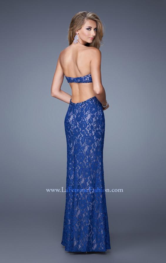 Picture of: Long Lace Strapless Prom Dress with Embellishments in Blue, Style: 20750, Back Picture