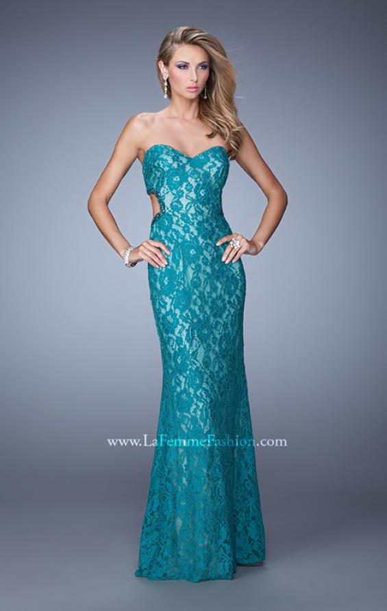 Picture of: Long Lace Strapless Prom Dress with Embellishments in Teal, Style: 20750, Detail Picture 1