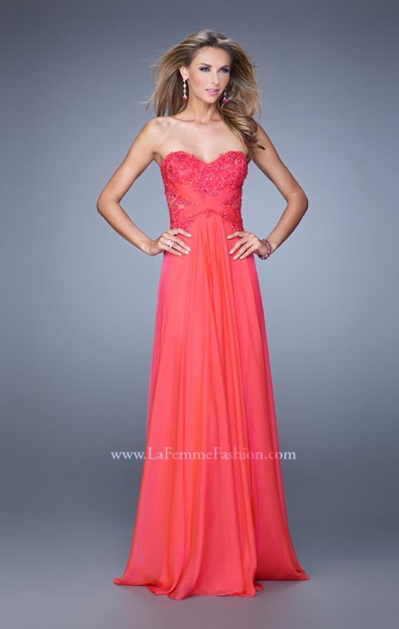 Picture of: Chiffon Strapless Dress with Gathering and Beaded Lace in Red, Style: 20762, Detail Picture 1