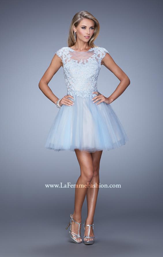 Picture of: Short Tulle Cocktail Dress with High Neck and Cap Sleeves in Blue, Style: 20781, Detail Picture 1