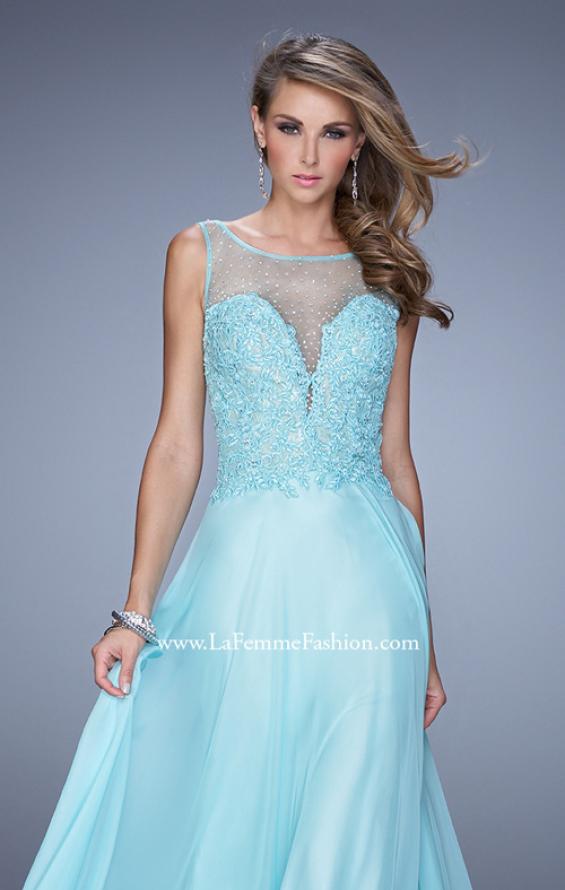 Picture of: Lace Covered Bodice Long Sleeves Prom Gown in Aqua, Style: 20785, Detail Picture 1