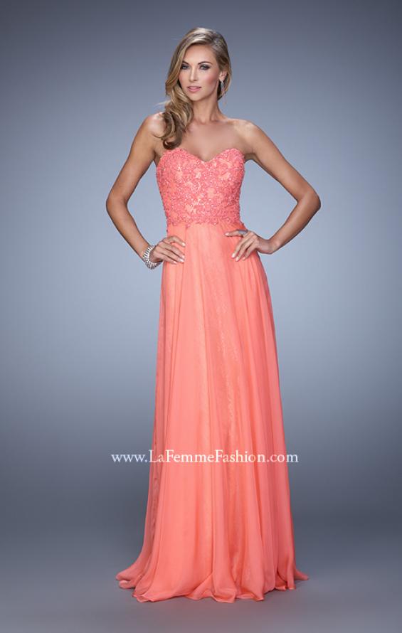 Picture of: Strapless Chiffon Prom Dress with Beaded Lace Bodice in Coral, Style: 20798, Detail Picture 10