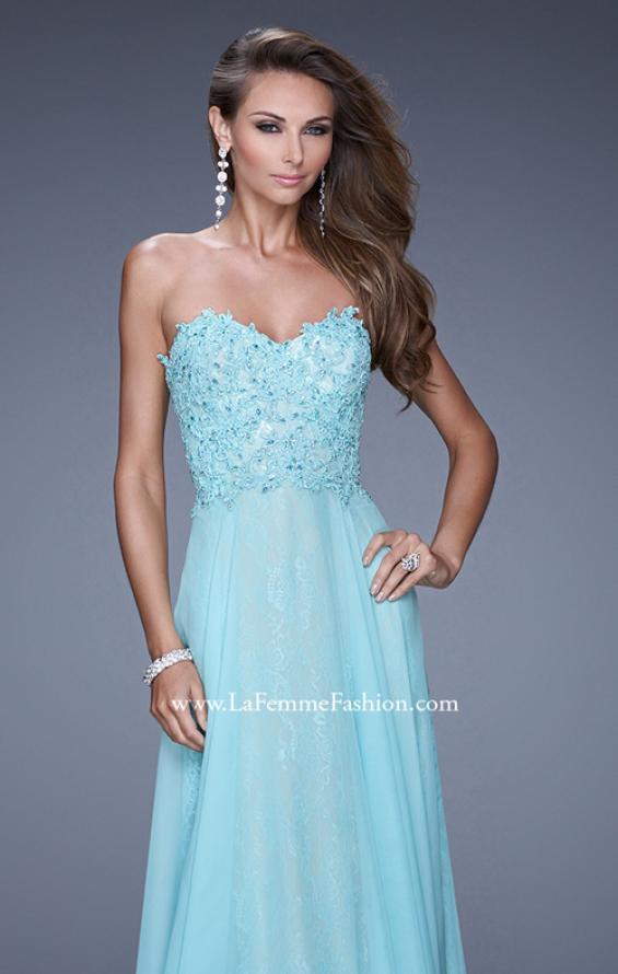 Picture of: Strapless Chiffon Prom Dress with Beaded Lace Bodice in Aqua, Style: 20798, Detail Picture 1