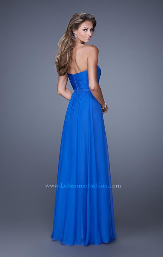 Picture of: Long Strapless Gown with Pleated Bodice and Belt in Blue, Style: 20808, Back Picture