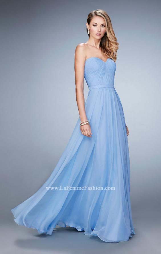 Picture of: Long Strapless Gown with Pleated Bodice and Belt in Blue, Style: 20808, Detail Picture 1