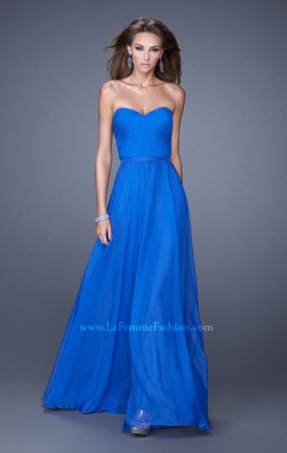Picture of: Long Strapless Gown with Pleated Bodice and Belt in Blue, Style: 20808, Detail Picture 6