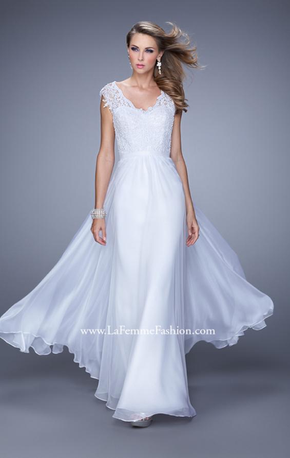 Picture of: V Neck Long Chiffon Dress with Lace and Cap Sleeves in White, Style: 20812, Detail Picture 2
