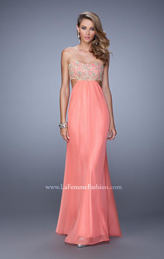 Picture of: Strapless Chiffon Gown with Metallic Lace Top and Slits in Coral, Style: 20819, Detail Picture 1