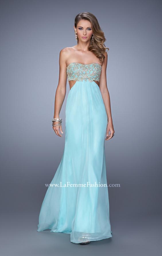 Picture of: Strapless Chiffon Gown with Metallic Lace Top and Slits in Aqua, Style: 20819, Detail Picture 2