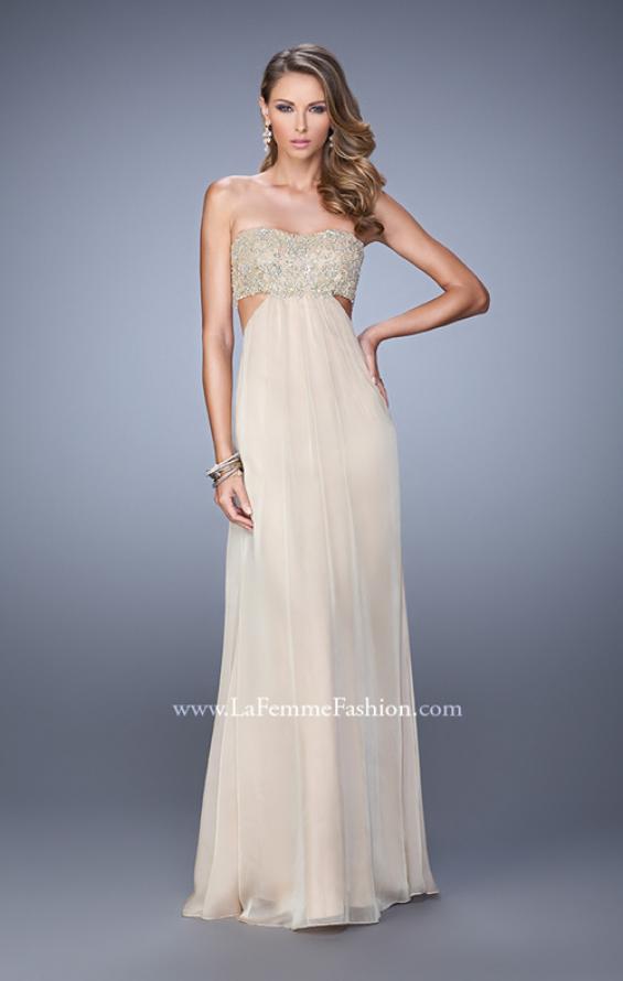 Picture of: Strapless Chiffon Gown with Metallic Lace Top and Slits in Nude, Style: 20819, Detail Picture 3