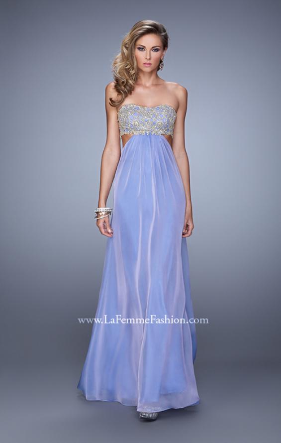 Picture of: Strapless Chiffon Gown with Metallic Lace Top and Slits in Purple, Style: 20819, Detail Picture 4