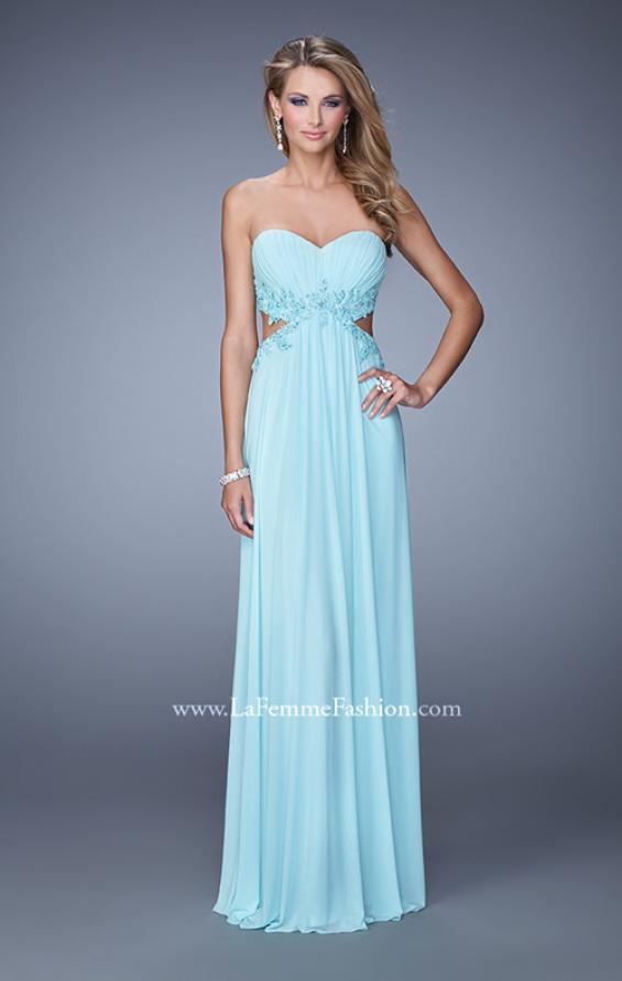Picture of: Long Jersey Prom Dress with Beaded Lace Trim in Blue, Style: 20826, Detail Picture 1