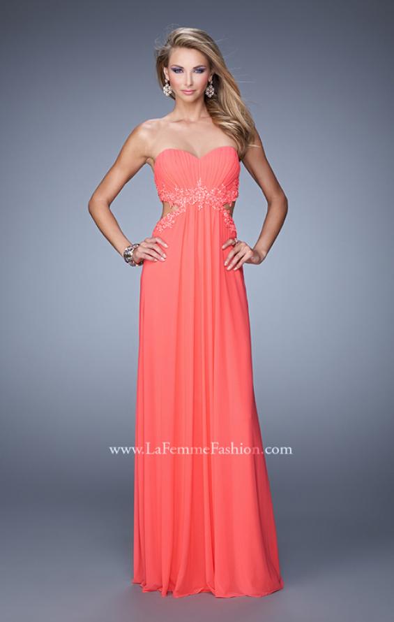 Picture of: Long Jersey Prom Dress with Beaded Lace Trim in Coral, Style: 20826, Detail Picture 2