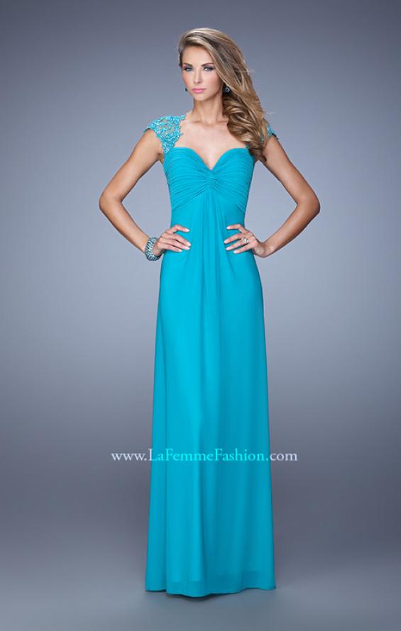 Picture of: Cap Sleeve Net Jersey Dress with Keyhole Back in Aqua, Style: 20844, Detail Picture 1