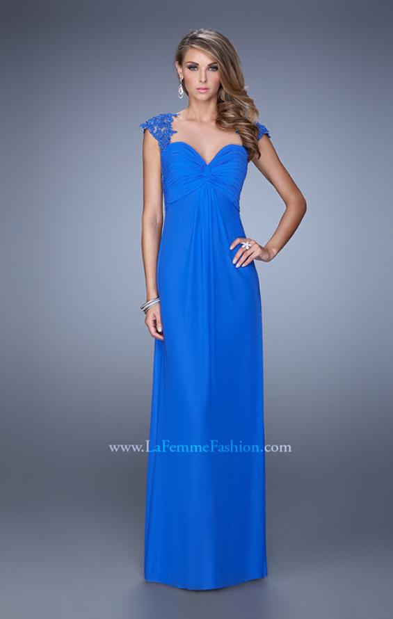 Picture of: Cap Sleeve Net Jersey Dress with Keyhole Back in Blue, Style: 20844, Detail Picture 4