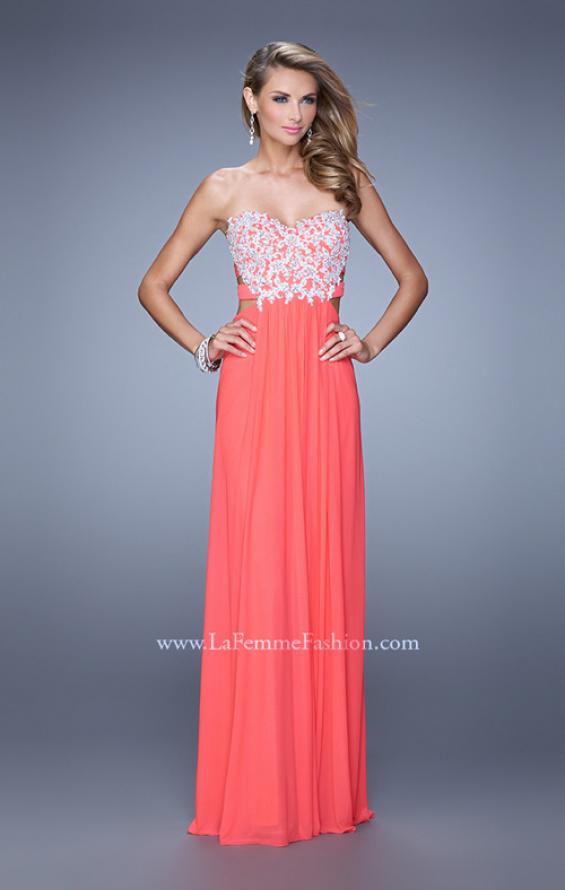 Picture of: Embellished Net Jersey Dress with Cut Outs and Side Straps in Coral, Style: 20861, Detail Picture 2