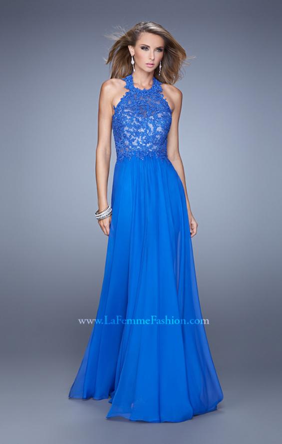 Picture of: Halter Neck and Lace Bodice Long Prom Gown in Blue, Style: 20874, Detail Picture 1