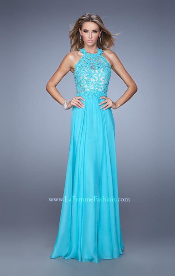 Picture of: Halter Neck and Lace Bodice Long Prom Gown in Aqua, Style: 20874, Detail Picture 2
