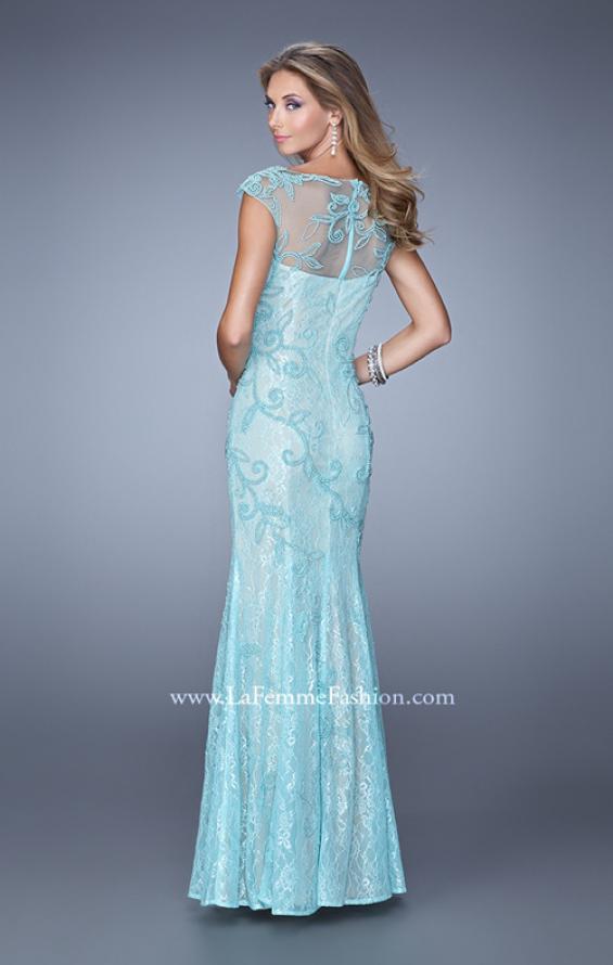 Picture of: Lace Dress with Vintage Inspired Pearls and Cap Sleeves in Aqua, Style: 20892, Back Picture