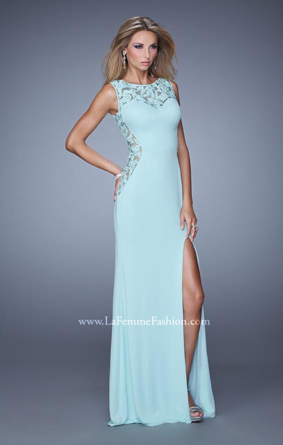 Picture of: Jersey Prom Dress with Sheer Side and Neckline Panels in Aqua, Style: 20894, Detail Picture 1