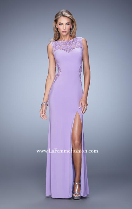Picture of: Jersey Prom Dress with Sheer Side and Neckline Panels in Purple, Style: 20894, Detail Picture 2