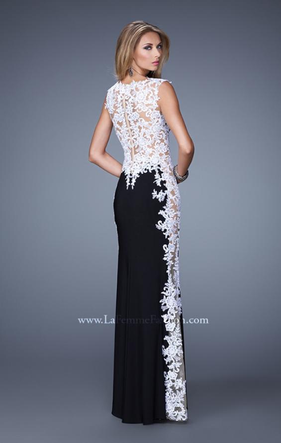 Picture of: Long Jersey Dress with Lace and Small Cap Sleeves in Black White, Style: 20895, Back Picture