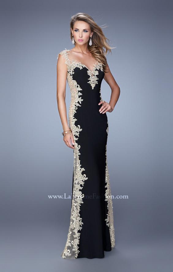 Picture of: Long Jersey Dress with Lace and Small Cap Sleeves in Black Gold, Style: 20895, Detail Picture 1