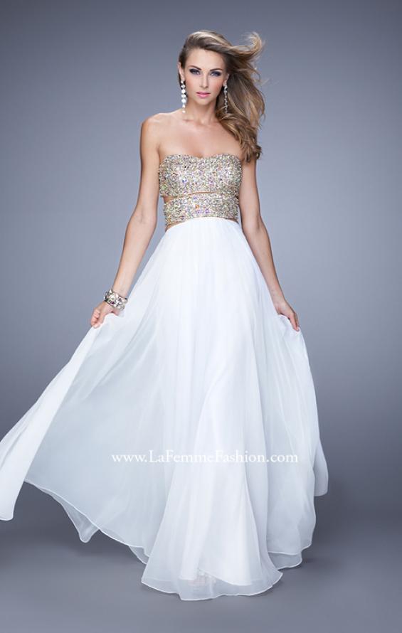 Picture of: Strapless Prom Gown with Cut Outs and Sequins in White, Style: 20904, Detail Picture 3