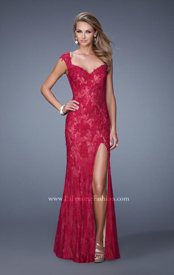 Picture of: Lace Prom Dress with Sheer Lace Cap Sleeves in Red, Style: 20914, Detail Picture 1
