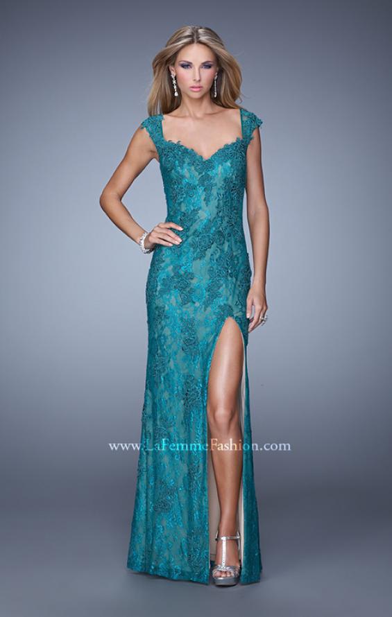 Picture of: Lace Prom Dress with Sheer Lace Cap Sleeves in Teal, Style: 20914, Detail Picture 2