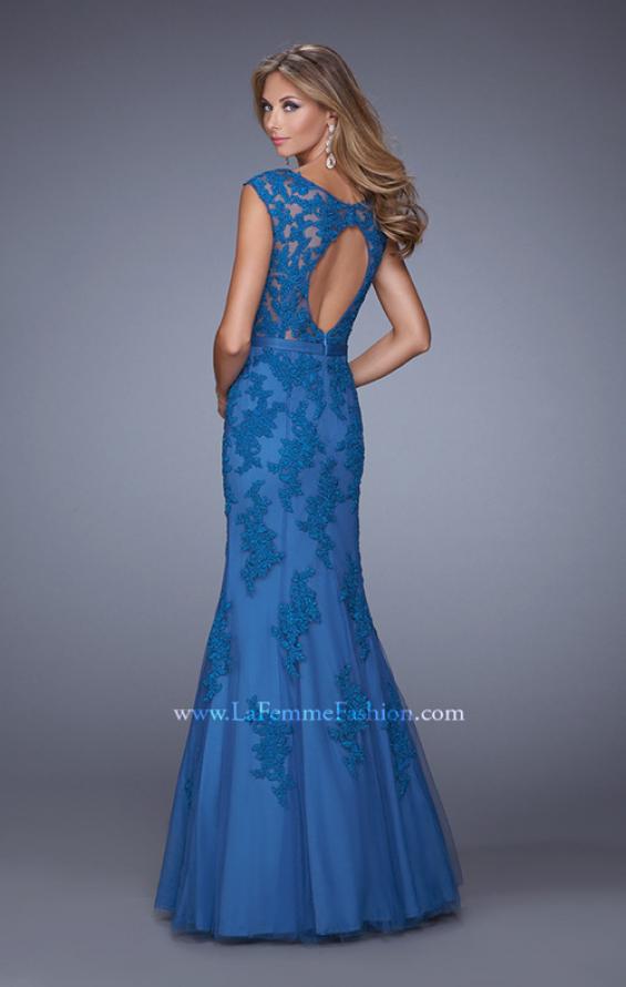 Picture of: Long Lace Sleeveless Mermaid Dress with V Neckline in Blue, Style: 20918, Back Picture