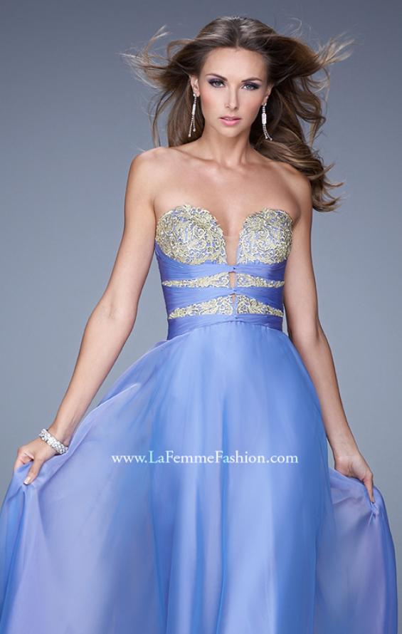 Picture of: Long Chiffon Gown with Embroidered Bodice with "X" Back in Blue, Style: 20921, Detail Picture 8