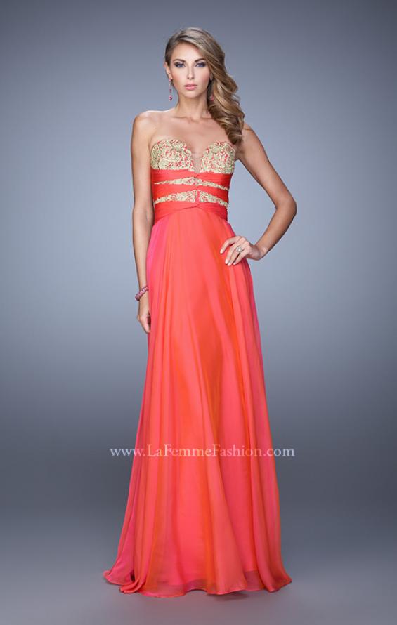 Picture of: Long Chiffon Gown with Embroidered Bodice with "X" Back in Red, Style: 20921, Detail Picture 10