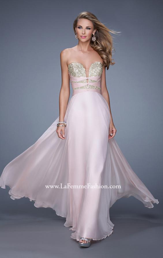 Picture of: Long Chiffon Gown with Embroidered Bodice with "X" Back in Pink, Style: 20921, Detail Picture 1
