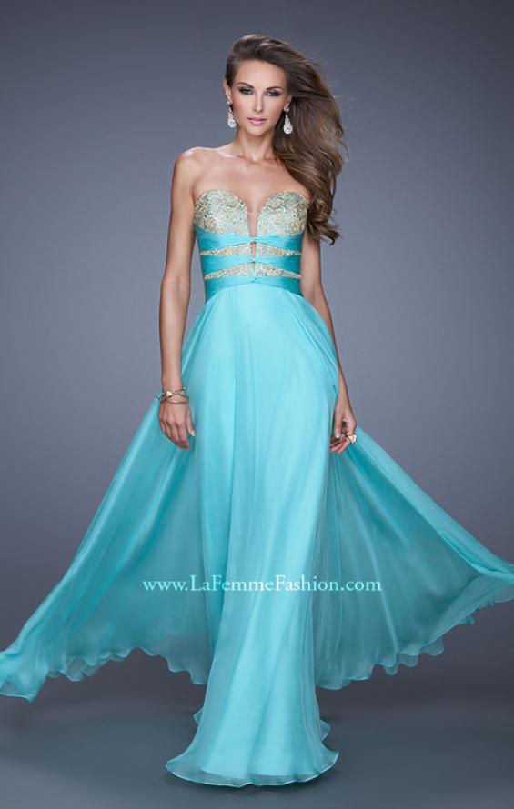 Picture of: Long Chiffon Gown with Embroidered Bodice with "X" Back in Blue, Style: 20921, Detail Picture 2