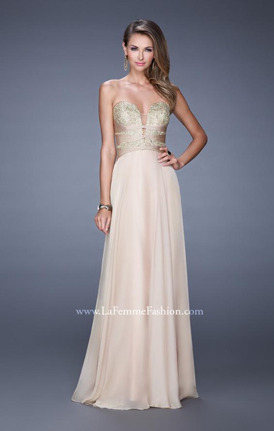 Picture of: Long Chiffon Gown with Embroidered Bodice with "X" Back in Nude, Style: 20921, Detail Picture 3