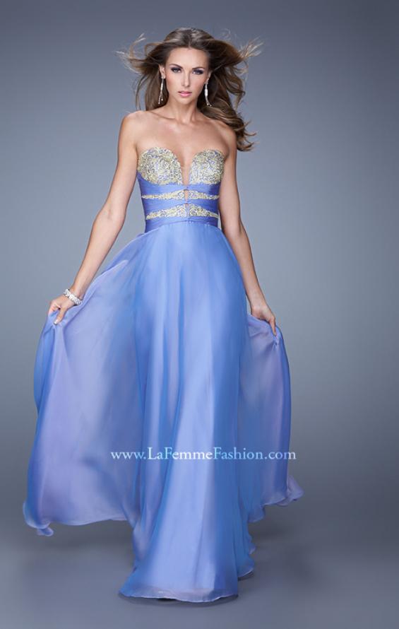 Picture of: Long Chiffon Gown with Embroidered Bodice with "X" Back in Blue, Style: 20921, Detail Picture 4