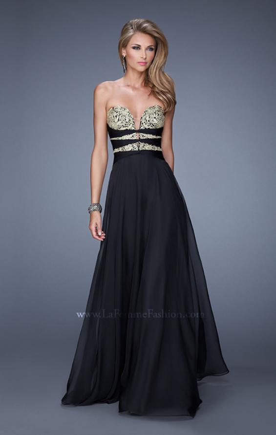 Picture of: Long Chiffon Gown with Embroidered Bodice with "X" Back in Black, Style: 20921, Detail Picture 5