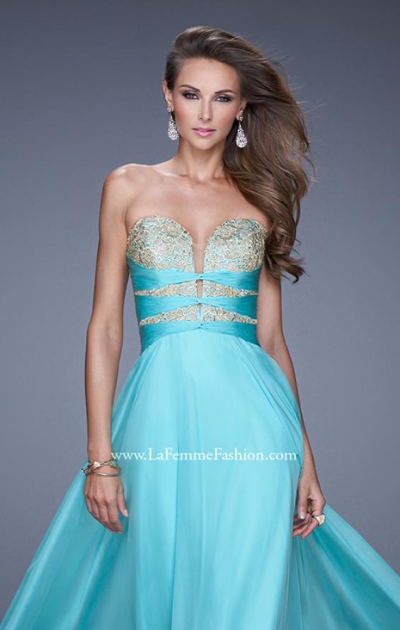Picture of: Long Chiffon Gown with Embroidered Bodice with "X" Back in Aqua, Style: 20921, Detail Picture 6