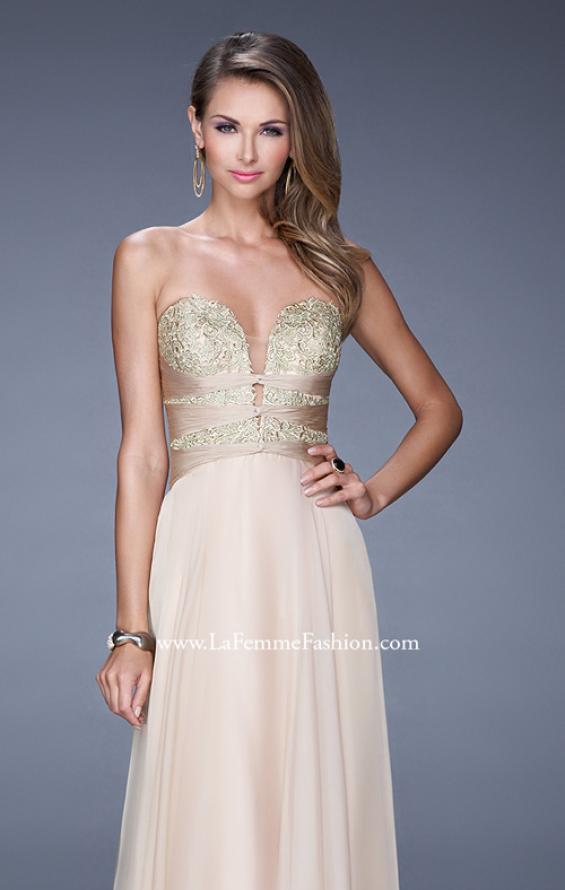 Picture of: Long Chiffon Gown with Embroidered Bodice with "X" Back in Nude, Style: 20921, Detail Picture 7