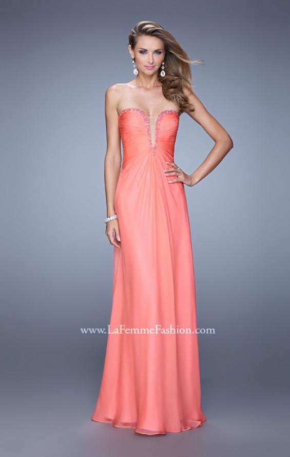 Picture of: Graceful Strapless Chiffon Dress with Iridescent Stones in Coral, Style: 20930, Detail Picture 1