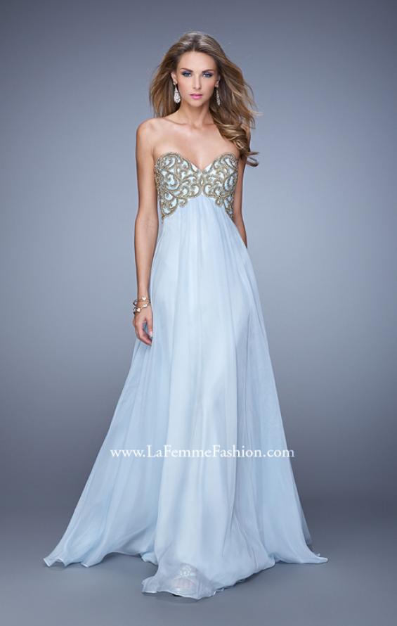 Picture of: Empire Waist Long Prom Dress with Metallic Pearls in Blue, Style: 20931, Detail Picture 1