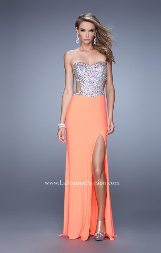 Picture of: Bold Sequined Bodice Prom Dress with Cut Outs in Orange Multi, Style: 20968, Detail Picture 1