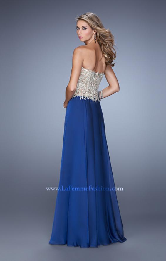 Picture of: Strapless Long Prom Dress with Sheer Corset Bodice in Blue Gold, Style: 20969, Back Picture