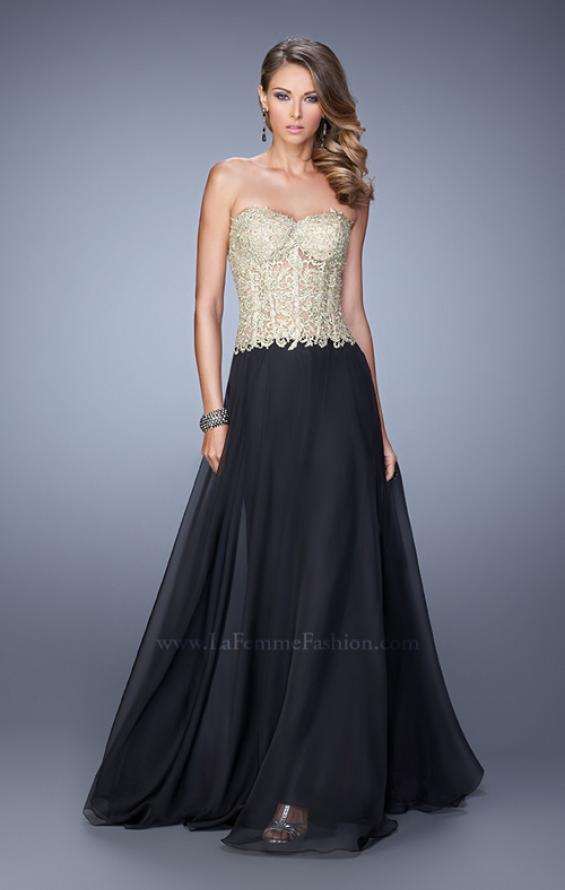 Picture of: Strapless Long Prom Dress with Sheer Corset Bodice in Black Gold, Style: 20969, Detail Picture 1