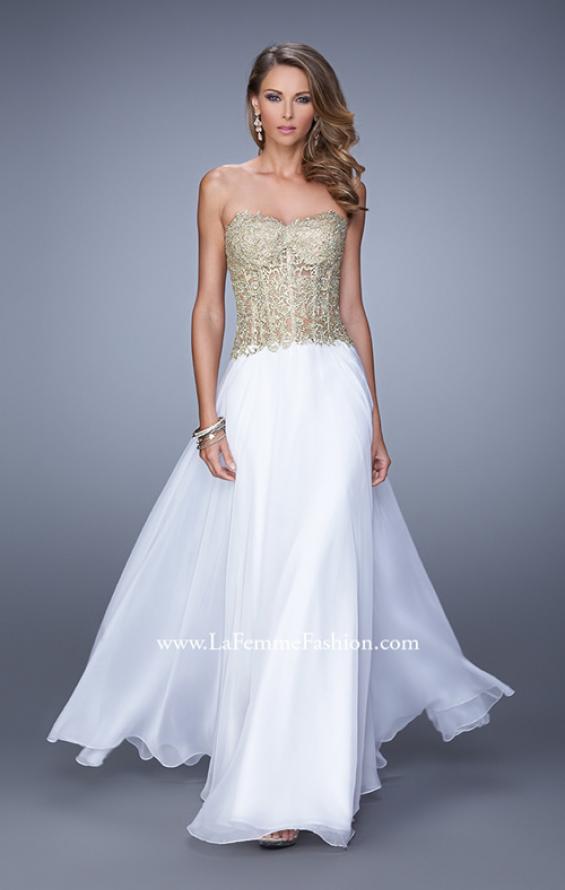 Picture of: Strapless Long Prom Dress with Sheer Corset Bodice in White Gold, Style: 20969, Detail Picture 2