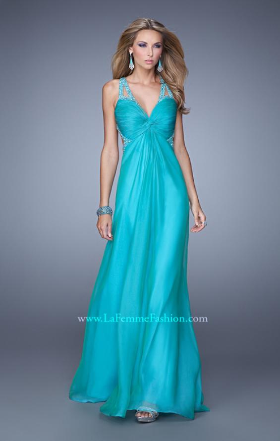Picture of: Long Chiffon Gown with Jeweled Cut Out Straps in Aqua, Style: 20983, Detail Picture 1