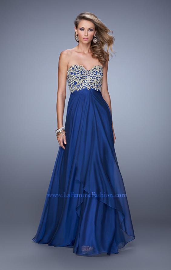Picture of: Strapless Chiffon Gown with Tiered Skirt and Beading in Navy, Style: 20994, Detail Picture 2