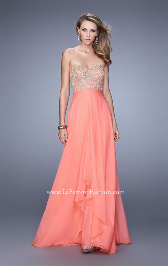 Picture of: Strapless Chiffon Gown with Tiered Skirt and Beading in Peach, Style: 20994, Detail Picture 3