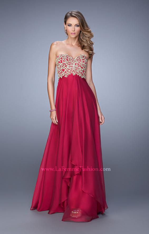 Picture of: Strapless Chiffon Gown with Tiered Skirt and Beading in Red, Style: 20994, Detail Picture 4